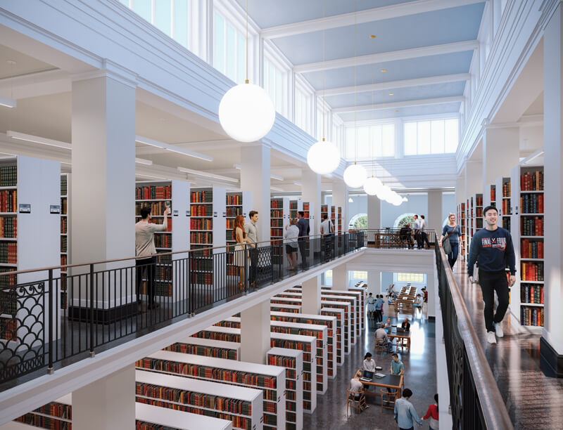 interior of a light filled library space under a glass clerestory showing people walking and mingling among  shelves filled with books