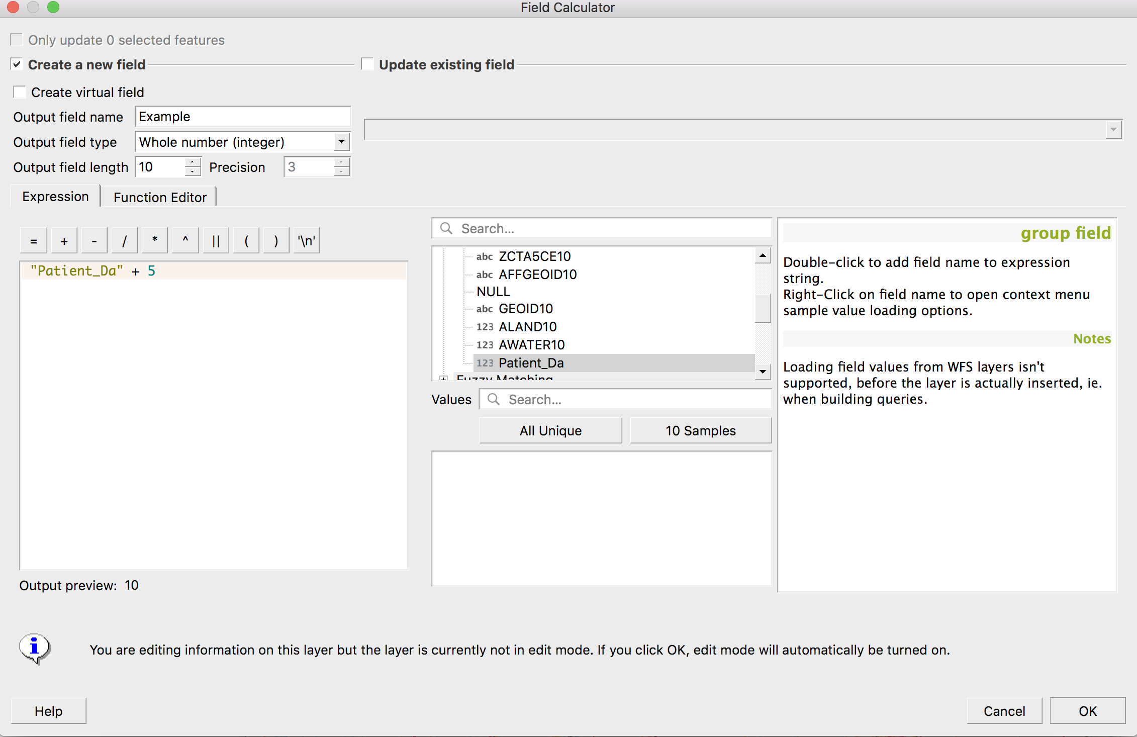 Screenshot of QGIS field calculator