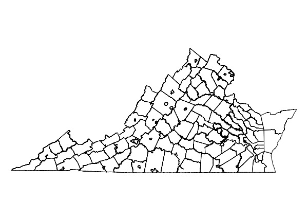 map showing outline of virginia counties, census bureau 2010 shapefiles