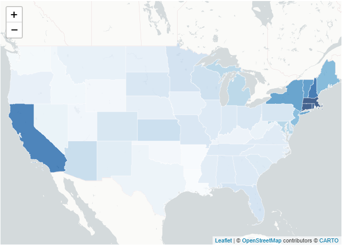 leaflet choropleth showing 2018 electricity cost per US state