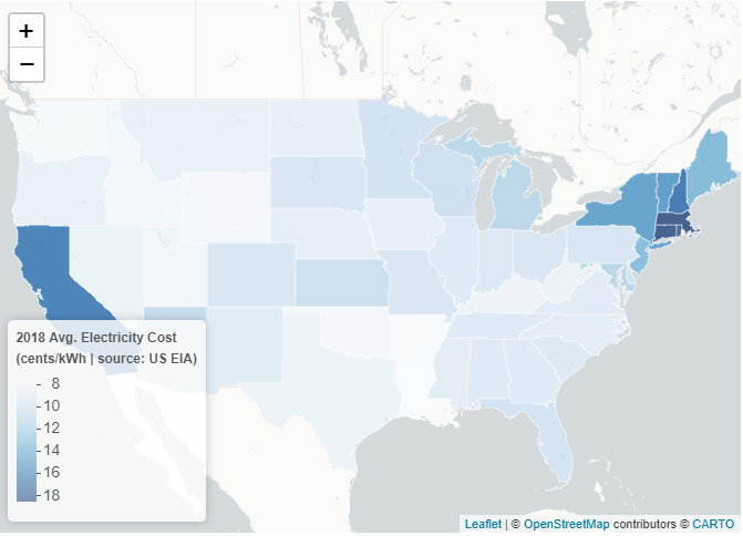 leaflet choropleth with a legend showing 2018 electricity cost per US state