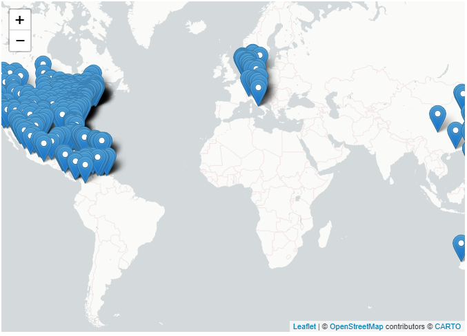 leaflet map of world with baseball parks marked by points