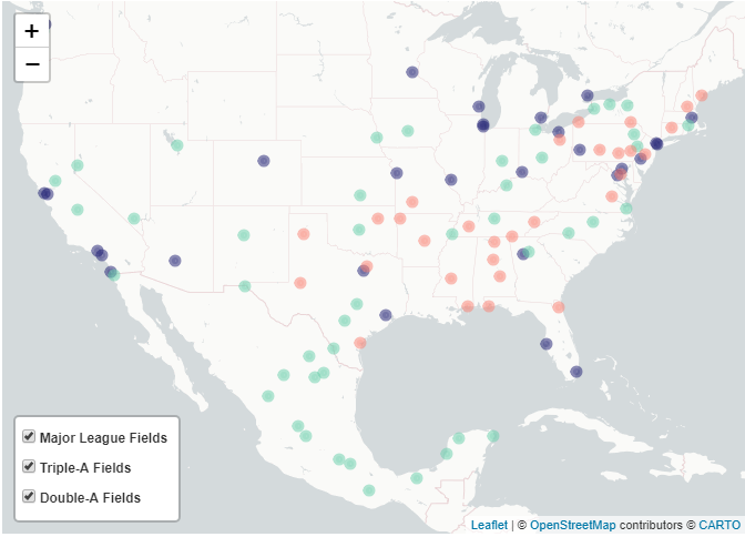 leaflet map of US with baseball parks marked and major league, triple-a, and double-a parts delineated