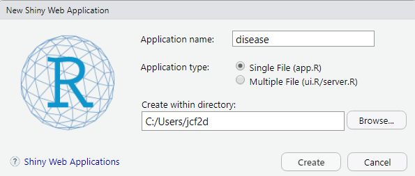 Screenshot of New Shiny Application dialog.