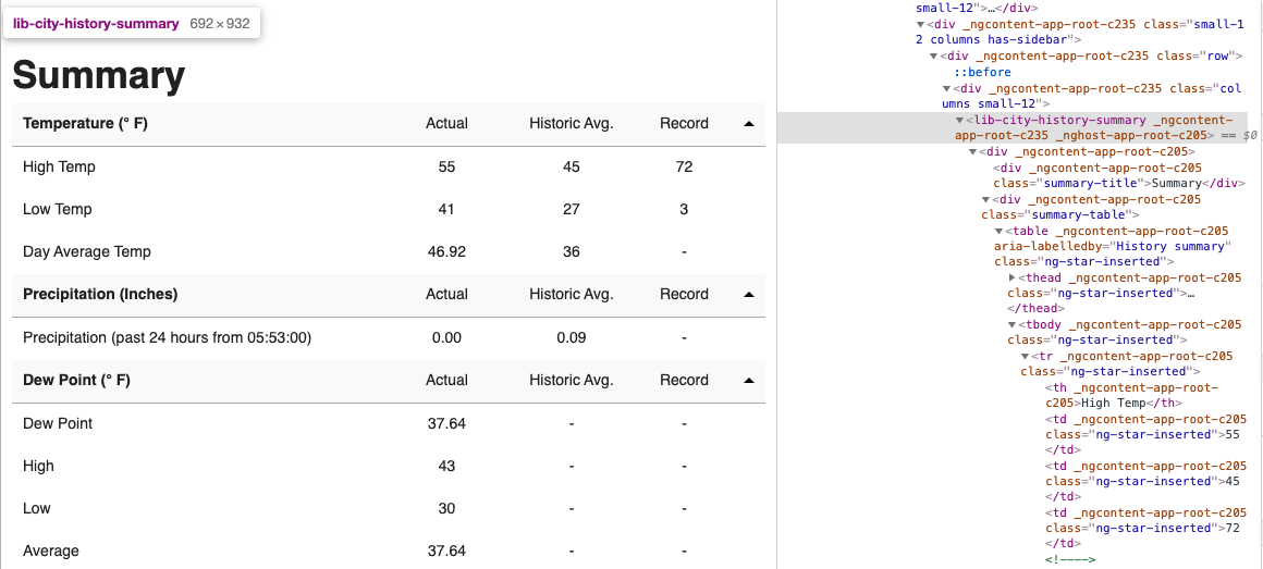 weather underground page with data for 2020-12-31, html shown at right