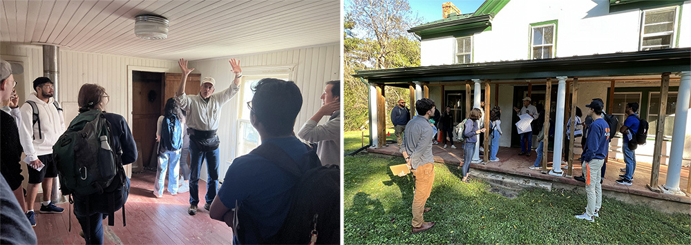 Jody Lahendro stands with students inside and outside the farmhouse at River View Farm. 