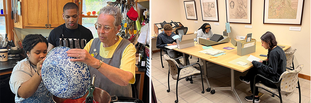 Left image: Lisa Shutt’s students learn how to make and preserve strawberry jam with local food scholar Leni Sorensen. Right image: Shutt's students visit Special Collections to research the Carr/Greer papers held there.