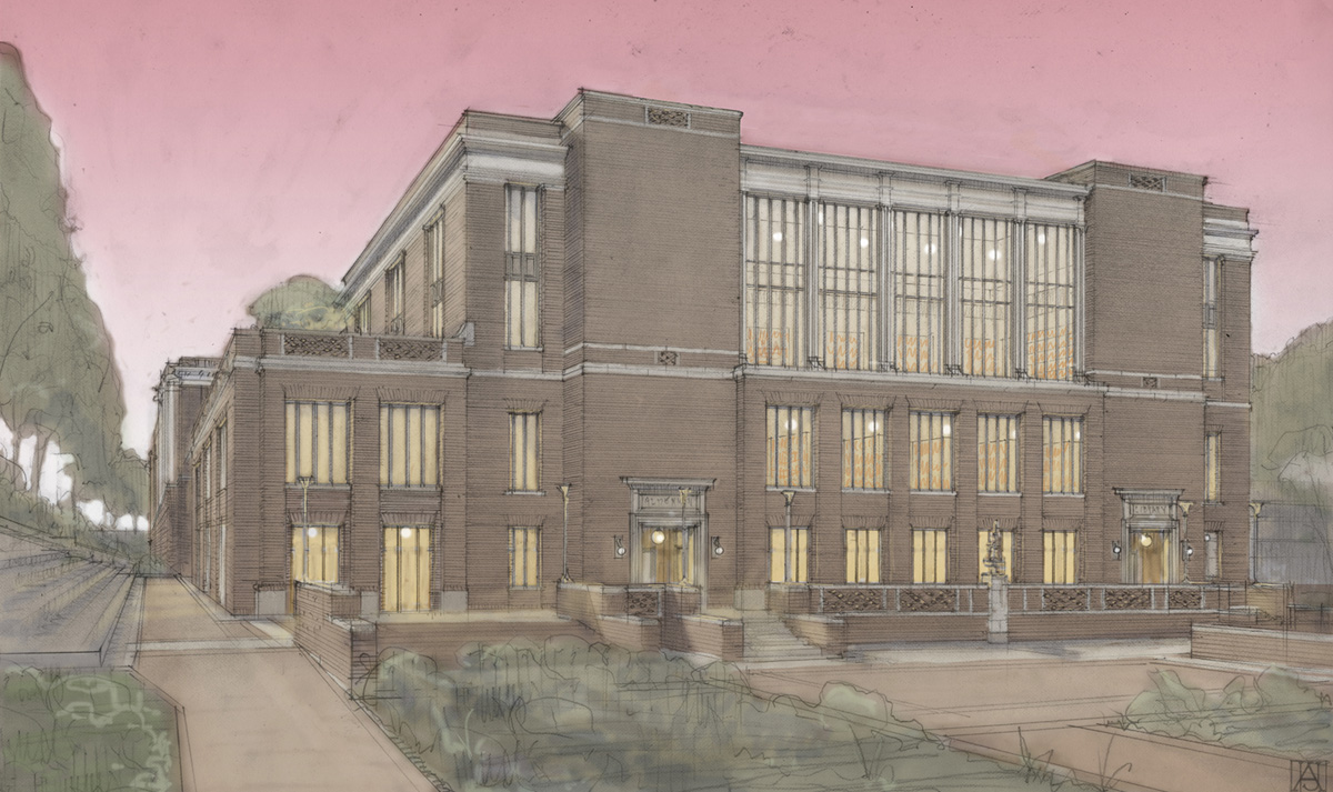 Architectural drawing depicting a multi-storied brick building with large windows, set against a backdrop of hills and a clear sky.