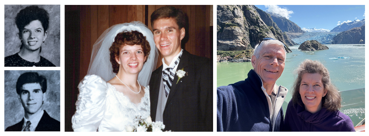 A series of three images. The first shows two black and white yearbook photos. The second is a wedding photo with two people smiling, one in a wedding dress, the other in a morning suit. The third image is a selfie of two people outdoors with a glacier and mountains in the background.