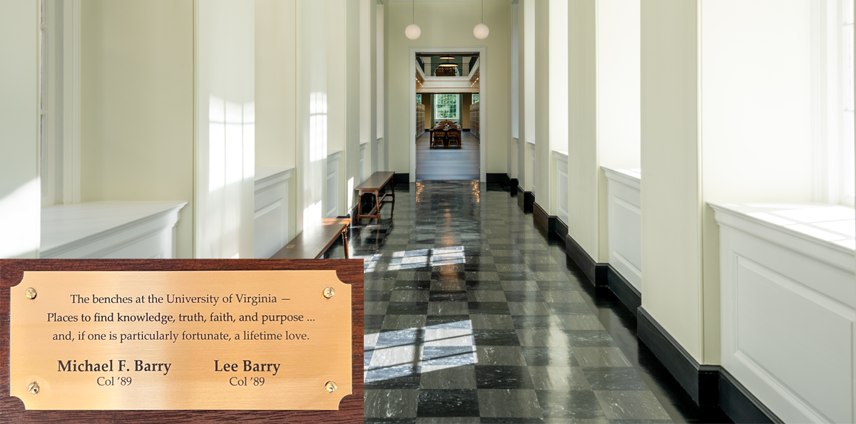 A sunlit hallway with black and white checkered flooring at the University of Virginia leads to a doorway. Benches line the walls under large windows. An inset shows a plaque dedicated to Michael F. Barry and Lee Barry, mentioning their connection to the University as Col '89 graduates.