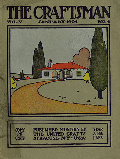 Cover of "The Craftsman" magazine, January 1904, featuring an illustration of a house with tall trees and a pathway, with publication details at the bottom