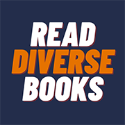 A blue box with three words inside in white and orange font: "Read Diverse Books"