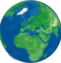 A 3D rendering of the Earth focusing on Europe, Africa, and parts of Asia. The continents are shown in green, with varying shades indicating different elevations. The surrounding oceans are depicted in blue, and Greenland is visible at the top left, covered in white to represent ice. The globe is slightly tilted to the left, providing a clear view of the landmasses and water bodies.