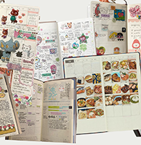 A collage of several open planners and journals, each filled with colorful drawings, handwritten notes, stickers, and decorations. Some pages feature illustrations of cute characters and animals, while others display organized schedules, meal plans, and photos of food. The vibrant and creative layouts reflect a mix of artistic journaling and meticulous planning.