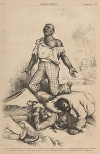 "IS THIS A REPUBLICAN FORM OF GOVERNMENT? IS THIS THE EQUAL PROTECTION OF THE LAWS?" Harper's Weekly cartoon by Thomas Nast in 1876 following the Hamburg massacre of Black militiamen in South Carolina. The Gilded Age began with the withdrawal of federal troops from the defeated Confederate states. (Open image in a new tab to enlarge)