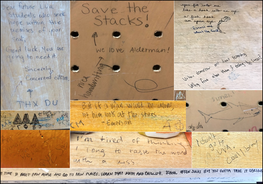 A variety of items with writing like: Save the Stacks! We love Alderman. But if a man would be alone, let him look at the stars - Emerson