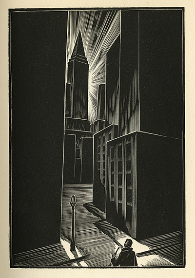 The image is a black-and-white woodcut illustration depicting a dramatic cityscape. Tall, looming skyscrapers dominate the scene, with sharp vertical lines accentuating their height. A single streetlight stands in the foreground, casting a shadow onto the street, and a lone figure, seemingly dwarfed by the towering buildings, gazes upwards towards the bright light emanating from behind the tallest structure in the distance. The atmosphere is stark, with strong contrasts of light and shadow, evoking a sense of isolation and awe amidst the overwhelming urban environment.