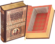 Two books featuring the works of William Shakespeare. One book is closed with an intricate cover design, and the other is open to a page showing a hollowed center.