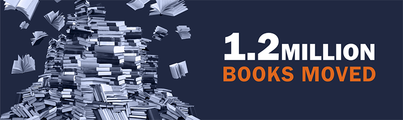 The image shows a large stack of books piled up on the left side, with some books appearing to float or fly away from the stack. On the right side, there is text in bold white and orange that reads: "1.2 Million Books Moved." The background is a dark navy blue color.