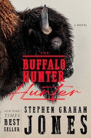 Cover of the novel "The Buffalo Hunter Hunter" by Stephen Graham Jones, featuring a close-up image of a buffalo's head with the book title in bold red letters.