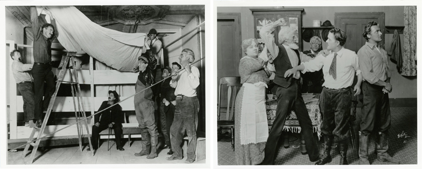 Two vintage photos: Left shows a stage set with people arranging a tarp; right depicts a group in a room, with one person being restrained in an argument.