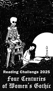 Black and white gothic illustration with a skeleton, a reclining woman, a full moon, and a candle for a reading challenge.