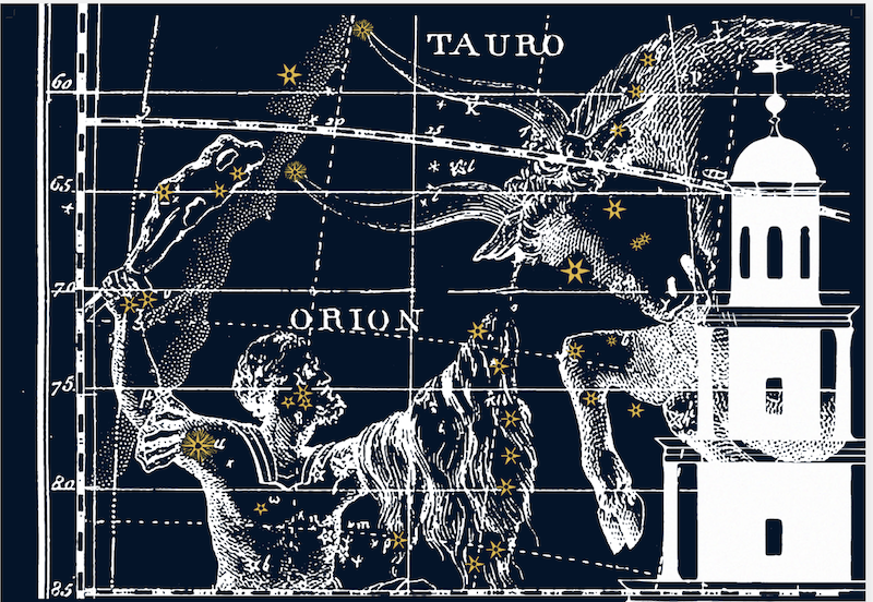 An illustration featuring the constellations of Taurus and Orion in a starry sky, with a detailed depiction of a traditional observatory building to the right, all set against a dark blue background.