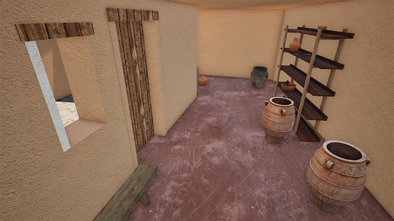 A VR model of a rustic courtyard with terracotta flooring, featuring wooden beams, a ladder, and ceramic pots.