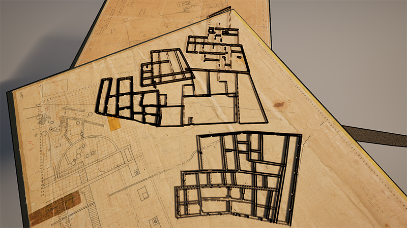 A 3D architectural blueprint featuring a detailed layout plan.