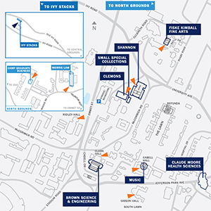 Colorful map of library locations on UVA grounds