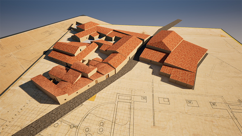 A 3D architectural model displayed on top of building plans, featuring several interconnected structures with red tiled roofs.