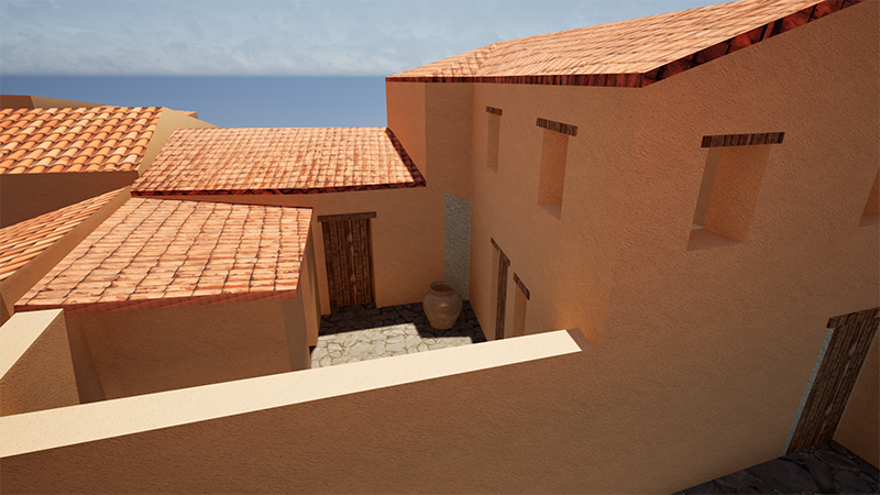 A VR model of traditional Mediterranean-style buildings with terracotta roofs, overlooking the sea under a clear sky.