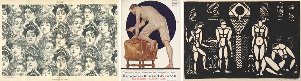 Three artworks: a repeated woman's face pattern, a vintage undergarment ad with a man leaning over, and an abstract geometric print with stylized figures.